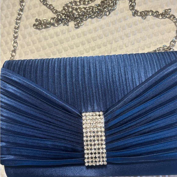 Jessica McClintock Navy Satin Pleated Clutch with Rhinestone Detail and Chain - Picture 5 of 9